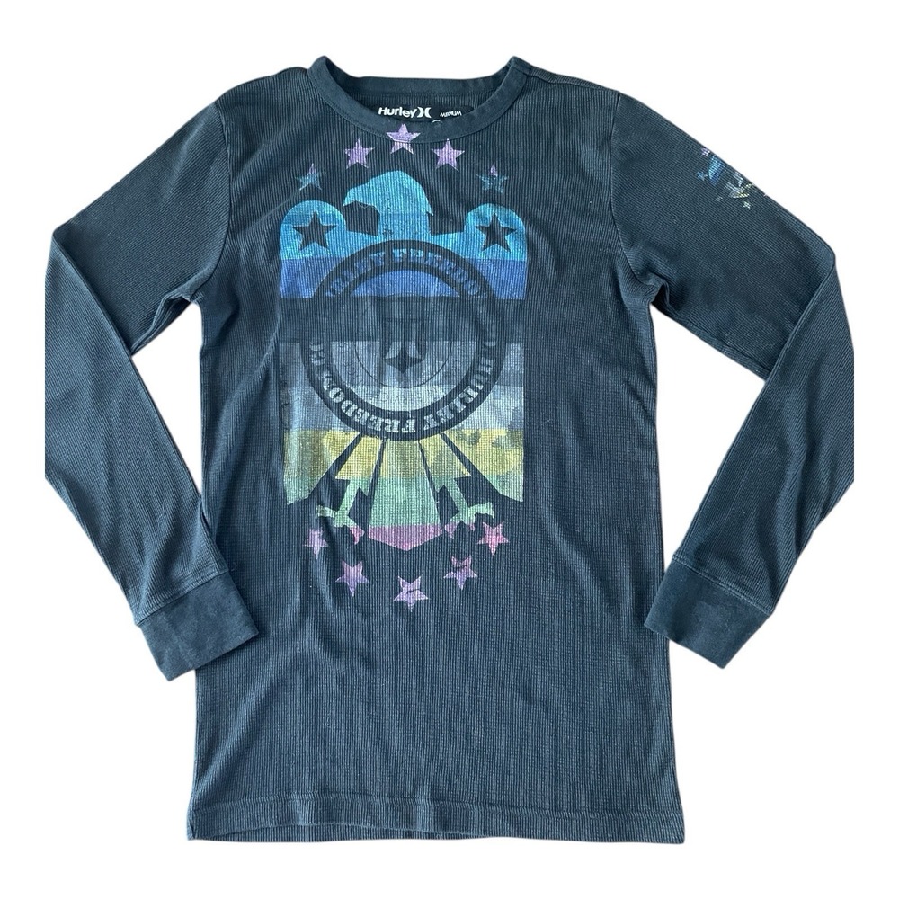 Hurley Shirt Size Medium Black‎ Thermal Long Sleeve Freedom Graphic GUC
